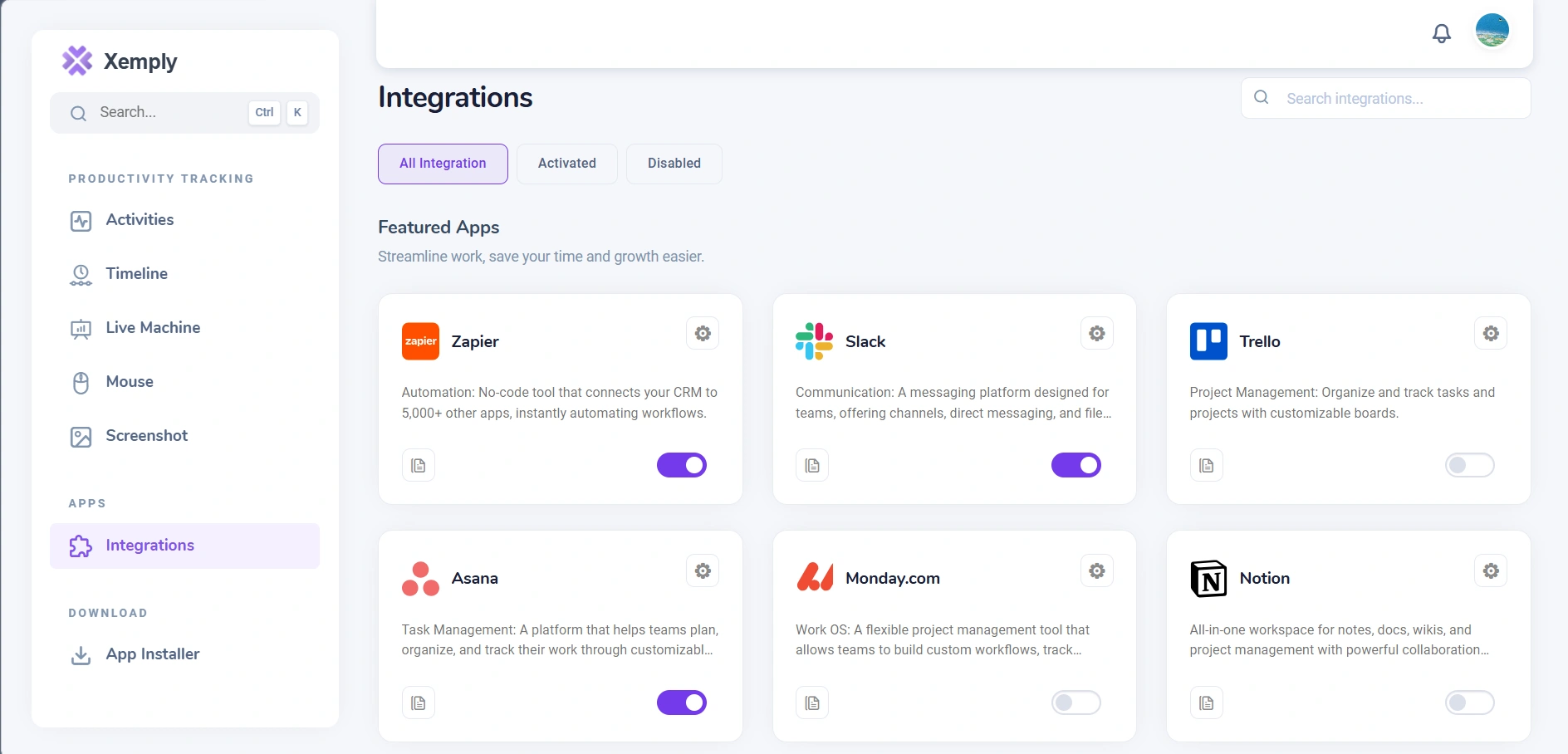 Integrations and APIs Dashboard